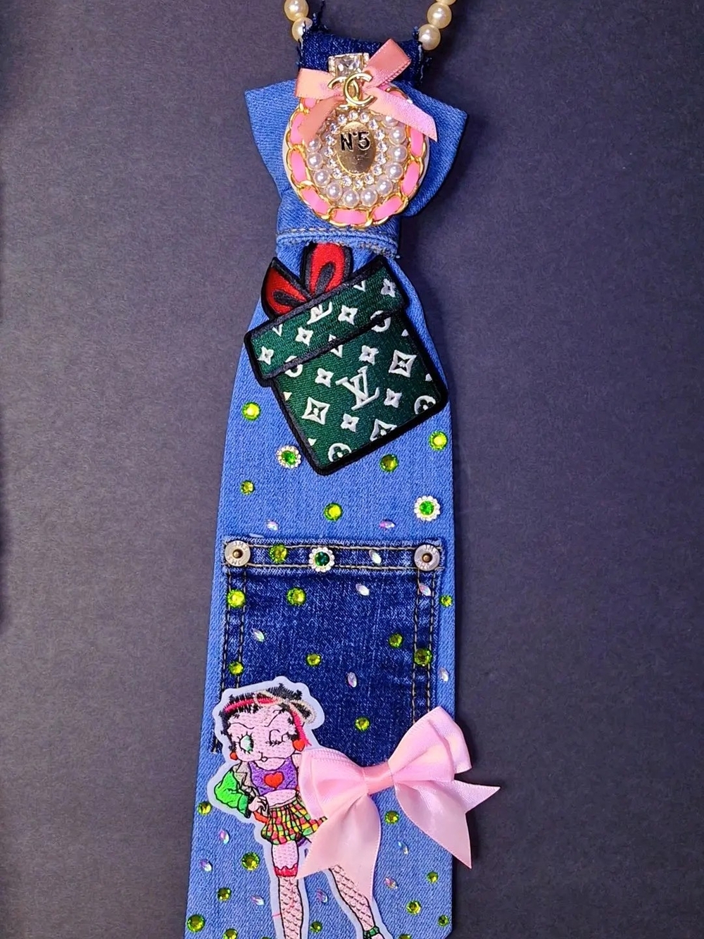 Tie Decorative Denim Necklace with Pink Bow and Green Accent